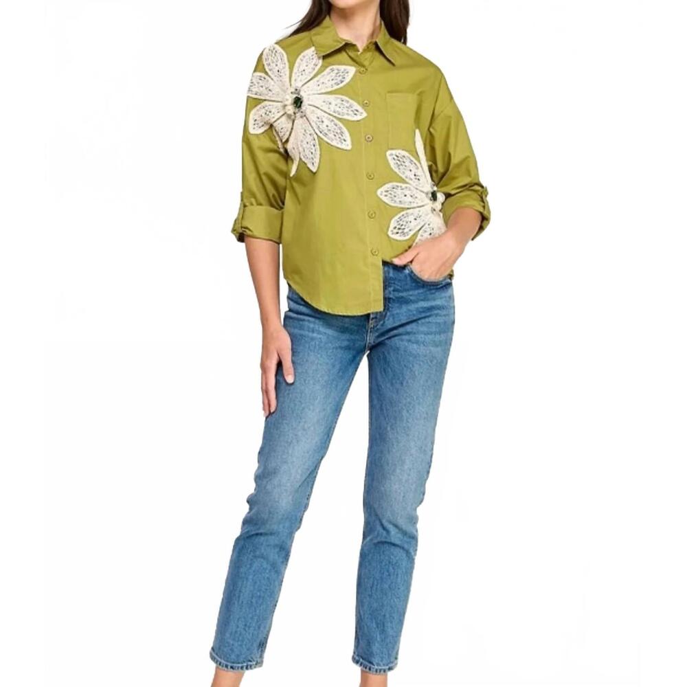 NEW PASTEL DESIGN long sleeve floral button front top in green